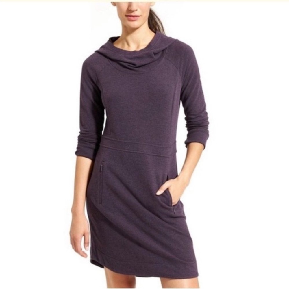 Athleta Blissful Hoodie Cowl Neck Sweater Dress in plum XS